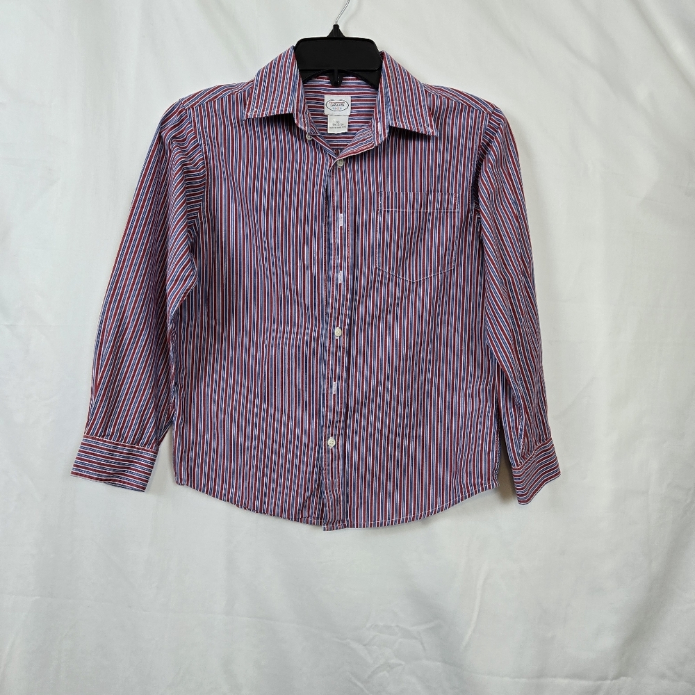 Talbots Kids‎ Boys Red White Blue Striped Long Sleeve Collar Button Shirt 10 Vtg
